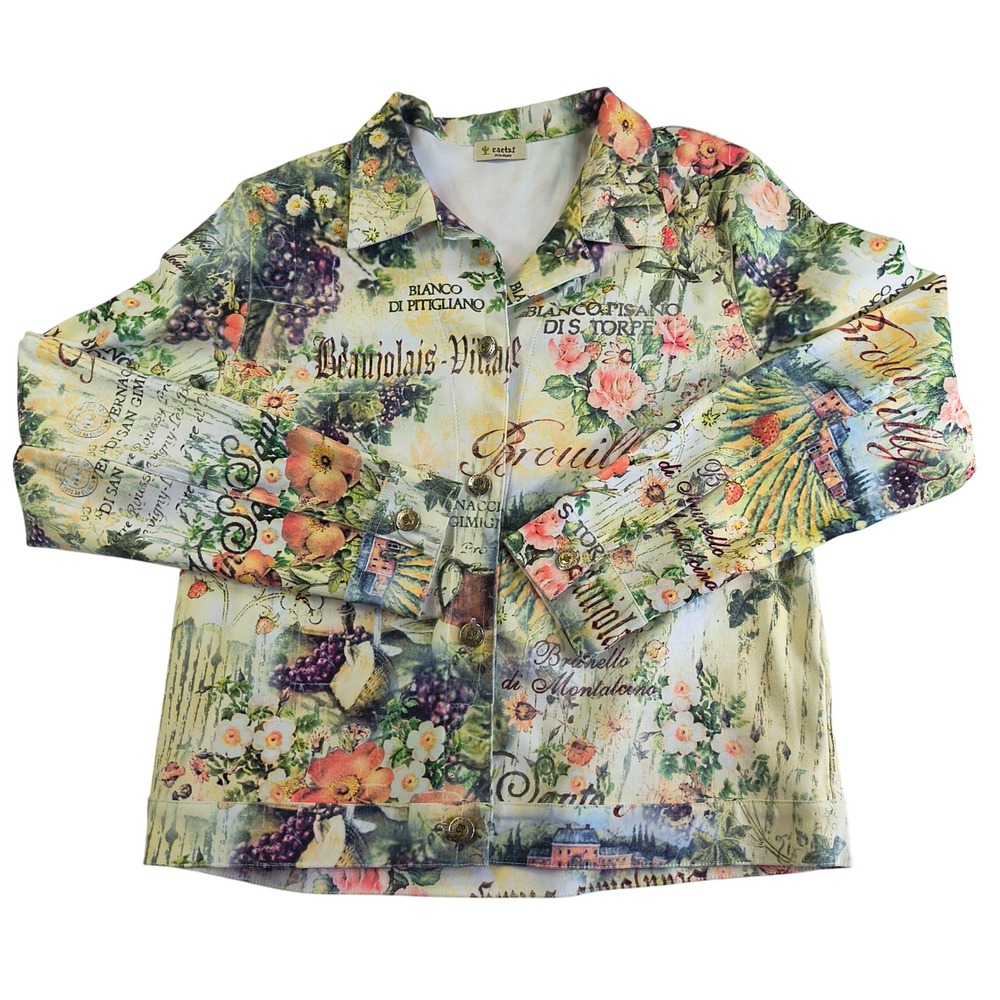 Cactus Italy Print Jacket Floral Vineyard Script Art To Wear Button Up Top M
